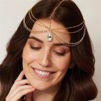 בוהמי Multilayers מתכת, יהלומים מלאכותיים כלה לשיער שרשרת לנשים מסיבה קריסטל טיפות המצח אביזרי שיער החתונה התמונה