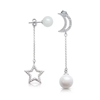 יהלום חלול כוכב ירח כסף סטרלינג 925 עגילי פנינה אסימטרי עגילי ציצית תכשיטים עגילים התמונה