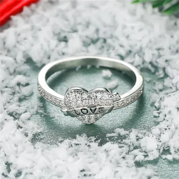 אופנתי נקבה לבנה קטנה בלב הטבעת מבטיח צבע כסף טבעת אירוסין וינטאג', טבעות נישואין לנשים התמונה
