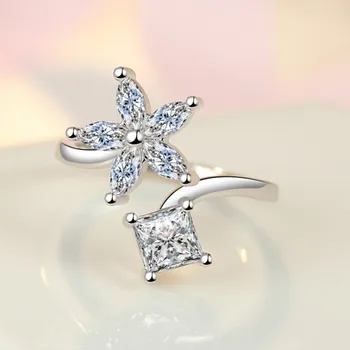 מצופה כסף טבעת אופנתי קריסטל פרח אלגנטי מזג אירוסין תכשיטים מתכוונן הפנימי טבעות אריזה עצמאית התמונה