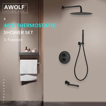 Awolf שחור שירותים Thermostatic מיקסר מערכת מקלחת כרום מסביב עיצוב קיר רכוב פליז מוצק מקלחת אמבטיה ברז סט AH3061 התמונה