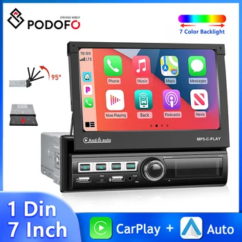Podofo 7 אינץ 1Din רדיו במכונית MP5 אנדרואיד אוטומטי Carplay נשלף נגן מולטימדיה מיקרופון. Bluetooth וידאו HD מצלמה אחורית אודיו התמונה