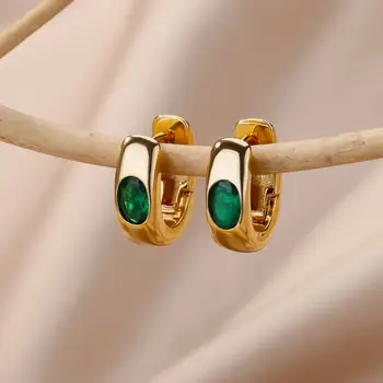 אופנה צבעוניים זירקון אליפסה עגילי חישוק לנשים קריסטל ירוק נירוסטה מעגל עגיל אסתטי תכשיטים לחתונה מסיבה התמונה
