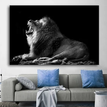 שחור לבן אריה שואג ציורי בד חיה פוסטרים, הדפסים אפריקה חיות פרא תמונות קיר לסלון עיצוב הבית התמונה