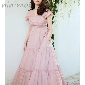 NINIMON ימים של שמש שמלת וינטג ' פאף שרוול V-צוואר Bodycon אלגנטי שמלות ארוכות ללא משענת קשת קו מתוק פיות להתלבש התמונה