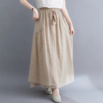 2023 הקיץ הקוריאני בציר כותנה פשתן מזדמנים נשים אלסטי המותניים חצאיות קו חצאית נשית אופנה בגדים אלגנטיים התמונה