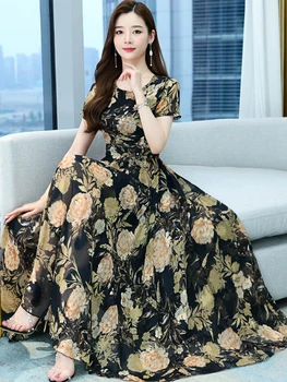 קיץ בציר שמלת מקסי 2023 פרחוני קוריאני אופנה לנשים מסיבת שיפון Eleganti מזדמן Bodycon יוקרה ערב, שמלות נשף התמונה