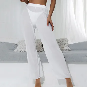 נשים לבן רשת לפרוע לקצץ לכסות את המכנסיים החוף לכסות לכסות קופצים על בגדי ים חוף קפל המכנסיים 2023 התמונה