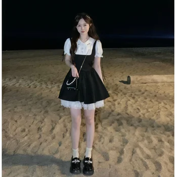 הקיץ השמלה השחורה נשים רצועות שמלה מזויף שני חלקים אישיות אופנה קוריאנית פשוט הטמפרמנט הנשי Longuette השמלה התמונה