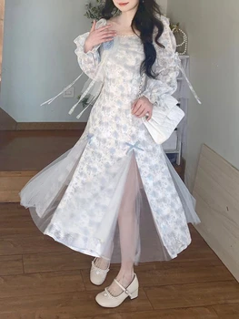 תחרה פרחונית Midi שמלה נשים הצווארון המרובע מתוק פיות לפצל את השמלה הנשי קוריאני מעצב אופנה Kawaii מסיבת Midi שמלה 2023 התמונה