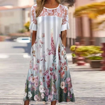 מזדמן קצר שרוול כיס בוהמי שמלת החוף משרד ליידי חופשי שמלת קיץ אלגנטי O-צוואר תחרה טלאים הדפס השמלה Vestido התמונה