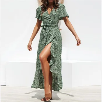 אופנה נשים בגדים לעטוף הקיץ בוהו פרחוני V-צוואר מקסי הדפס השמלה בנות חג החוף להתלבש התמונה