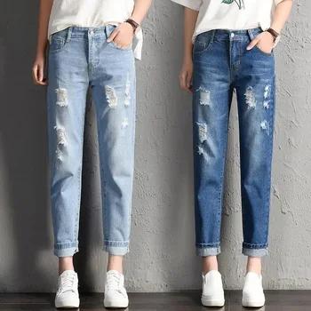 2023 ניו נשים אופנה ג 'ינס המותניים החבר נקרע חור ג' ינס מקרית ברחוב מכנסי ג 'ינס סקסי בציר עיפרון Calca ג' ינס התמונה
