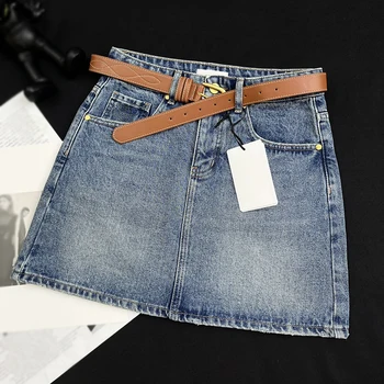 רטרו ג ' ינס חצאית מיני נשי 2023 אופנה מותן נמוכה עם חגורה קו החצאית רחוב מגמה נשים חצאית קצרה התמונה