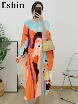 Eshin 2023 קיץ חדש עם קפלים שמלה לנשים אופנה מודפס צבע ניגוד צוואר עגול מזדמן שמלות נקבה בגדים TH3587 התמונה