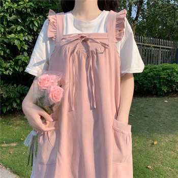 JuneLove הקיץ Kawaii Suspender Midi שמלה נשים לפרוע די יפנית שמלה מתוקה +שרוול קצר חולצות סטים שמלת קיץ 2021 התמונה