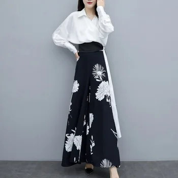 סתיו חדש 2021 סגנון קוריאני בגדים מקסימום חולצה ופרחים רחב הרגל מכנסיים אלגנטיים לנשים חליפת מכנסיים חליפות שני חלקים סט AA5836 התמונה
