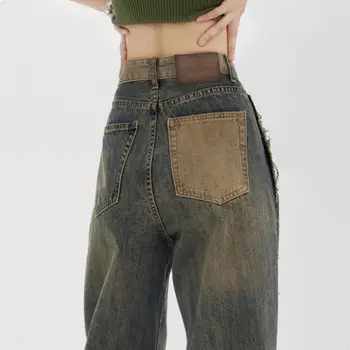 הקיץ רטרו רחב-רגל ג ' ינס בגזרה גבוהה של נשים שטף תפרים רופפים רזה בכושר כל-התאמה ישר-רגל, מנגב את המכנסיים 2023 חדש התמונה