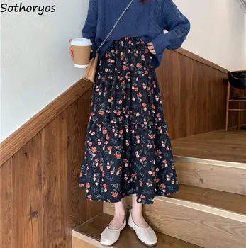 נשים חצאיות קורדרוי יפה A-line גבוהה המותניים סיבתי אופנה סתיו קפלים קוריאנית סגנון אלגנטי אופנתי Harajuku פרחוני רטרו התמונה