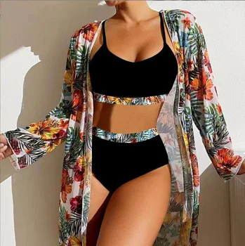 MOOVOOK 2023 קיץ אופנה מודפסת עם שרוולים ארוכים חולצה סקסי בגדי ים עם רצועות כתפיים גבוהה בגד ים פיצול ביקיני התמונה