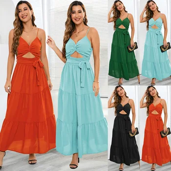 2023 האופנה Slim Fit מזג החזייה שמלה חדשה הקיץ במסיבת חוף מוצק צבע חצאית נשים אישיות סגנון החצאית הארוכה התמונה