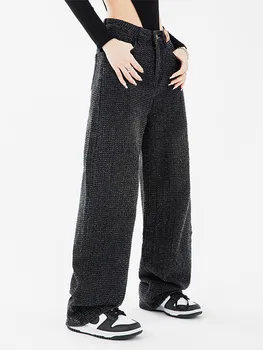 לנשים ג ' ינס שחור גבוהה המותניים בציר ישר מכנסיים רחבים אופנת רחוב הגירסה הקוריאנית של סגנון אופנה רחב רגל סרבל מנגב במכנסיים התמונה