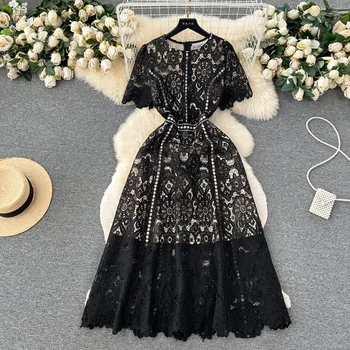 קיץ אופנה חדשה תחרה שחורה חלול החוצה שמלה ארוכה לנשים סלים High-End O-צוואר התנופה הגדולה שמלות נקבה בגדים התמונה