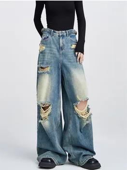 ג ' ינס הנשי אביב סתיו Y2K חופשי רגל ישרה מכנסיים גבוהה המותניים חור שטף כפתור רחוב מכנסיים בגדי נשים 533 התמונה