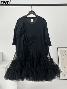 [EWQ] נשים שולי רשת משולבים חולצה שמלת מיני קשת שרוול קצר שמלות 2023 קיץ כל-התאמת בגדים יפים גלימה שחורה Y702 התמונה