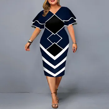 גדול גודל בגדים 2023 הקיץ חופשי סלים אישה את השמלה אלגנטית סקסית צוואר V טס שרוול בתוספת גודל Midi שמלה אמא Vestidos התמונה