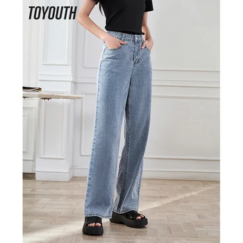 Toyouth נשים ג ' ינס 2023 הקיץ גבוהה המותניים ישר חופשי, סרבל צפצף דק נוח כחול מזדמן כל התאמה רחבה הרגל מכנסיים התמונה