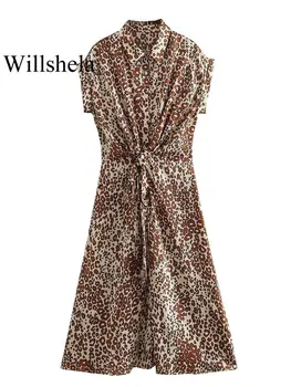Willshela נשים אופנה עם קשת סאטן מודפס יחיד עם חזה Midi שמלה וינטאג ' דש הצוואר שרוולים קצרים נקבה שיק שמלות התמונה
