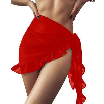 2023 קיץ חצאית קצרה אירופאי אמריקאי שיפון צבע טהור חוף ים חופשה קרם הגנה ביקיני האוזן קצה החוף חצאית נשים האדום התמונה