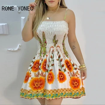 נשים אלגנטי שמלה פרחוני הדפסה ספגטי רצועת Shirred שמלת הקיץ מזדמנים שמלת מיני התמונה