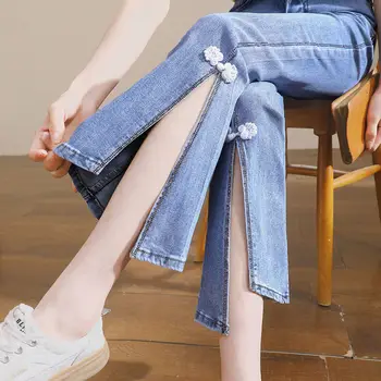 זיקוק ג ' ינס של נשים גבוהה Waisted מכנסיים קצוצים לאביב/קיץ 2023 חדש Slim Fit למתוח פיצול התלקח המכנסיים תכליתי התמונה