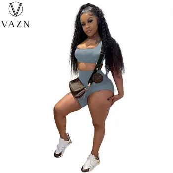 VAZN 2021 חדש סימטרית סקסי רחוב להגדיר מוצק טנק שרוול אחת כתף באורך הברך נשים רזות 2 חתיכת קבוצה התמונה