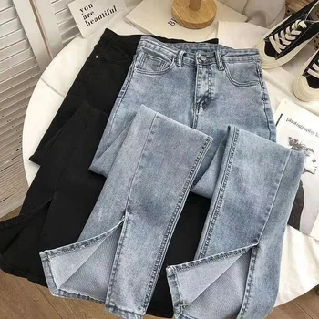 לפצל את הג ' ינס לנשים 2023 חדש גבוהה המותניים הרזיה מנגב את המכנסיים אופנת רחוב מעט התלקח Demin מכנסיים אופנה קוריאנית התמונה