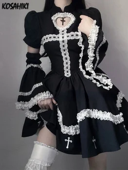 KOSAHIKI יפנית גותי Cosplay שמלה נשית כל-התאמה חלוק שרוול ארוך קפלים תחרה שחור Midi שמלות Y2k חמוד לוליטה Vestido התמונה