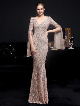 Partysix השמלה 2021 נשים סקסי V צוואר עם שרוולים ארוכים שמלות נצנצים נשי אלגנטי הרב סתיו חורף שמלת מקסי חלוקים התמונה