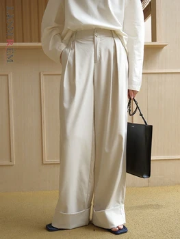 [LANMREM] גבוה מותן רחבה הרגל המכנסיים לנשים מוצק ישר קצוות מכנסיים בסגנון קוריאני נקבה בגדים 2023 האביב החדש 26D2936 התמונה