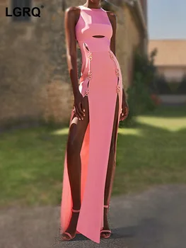 LGRQ אופנה שמלות סקסיות לנשים חדש מוצק O-צוואר דק חלול החוצה מתכת אבזם לפצל את השמלה הנשית הקיץ 2023 19J3697 התמונה