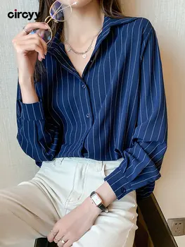 Circyy החולצה נשים חולצות פסים חופשי משרד ליידי מקסימום Turn-למטה צווארון שרוול ארוך לכפתר חולצה 2023 קוריאני אופנה חדש התמונה
