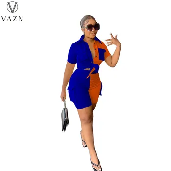 VAZN 2023 חם פופולרי מזדמן מתוק סרבל טלאים החולצה סט חולצה&חולצה שרוול קצר + מכנסיים קצרים לנשים 2 חתיכת קבוצה התמונה