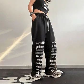 היפ הופ נשים מכנסיים ישר מכנסיים שרוכים רחבים מכנסיים חותלות אופנה קוריאנית Y2k מכנסיים רופפים ספורטיבי Sweatpant נשים בגדים התמונה