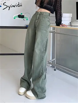Syiwidii ג ' ינס לנשים סתיו החורף 2022 חדש רטרו ירוק גבוה עם קו מותן רחבה רגל באורך מלא מזדמן ישר קוריאני אופנה מכנסיים התמונה