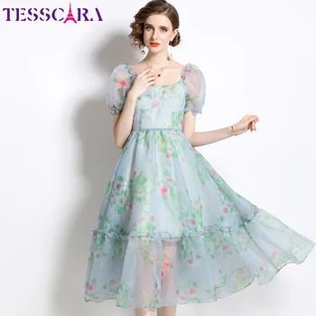 TESSCARA נשים קיץ מתוק שמלה באיכות גבוהה החתונה מסיבת קוקטייל החלוק וינטג ' קו A-Designer ילדה פרח רשת Vestidos התמונה