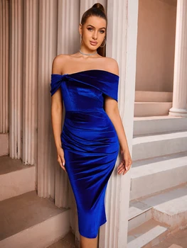 גבירותיי שמלות לאירועים מיוחדים אלגנטי כחול רויאל מחוץ כתף באורך הברך Bodycon אורח בחתונה ערב שמלות ערב התמונה