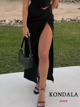 KONDALA וינטג ' אופנתי שחור עם קפלים חצאיות ארוכות נשים גבוה המותן הקדמית פיצול מסיבה סקסית אופנה חצאיות 2023 קיץ אלגנטי Faldas התמונה