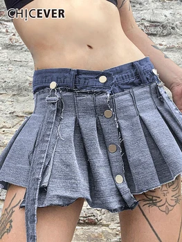 CHICEVER Y2K טלאים חצאיות מיני עבור נשים נפל המותניים משולבים כפתור פגע צבע אופנה קו עם קפלים החצאית הנשית הקיץ התמונה