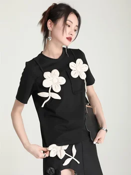 נשים בשחור פרח שחבור מזדמן אלגנטי חולצה חדשה צוואר עגול שרוול קצר האופנה הגאות באביב קיץ O039 התמונה